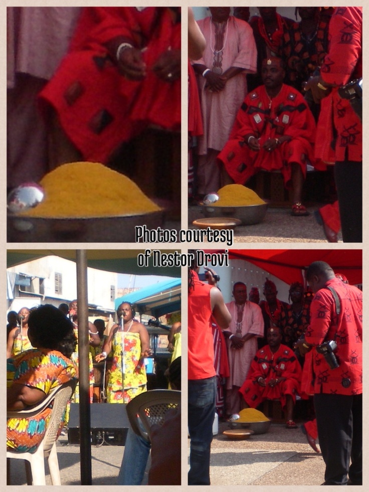 Photos from last weeks Homowo ceremony in Accra, James Town. The Chief sprinkles kpekple to the gods before it is served to anyone 